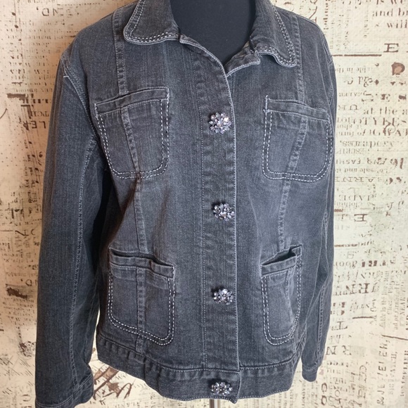 Chico’s Platinum Jean Jacket rhinestone buttons L - Picture 2 of 8